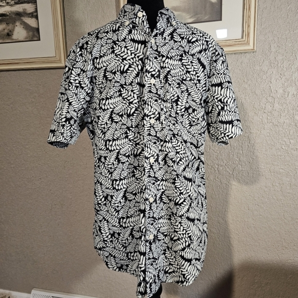 Nautica Mens Black White Fern Leaf Print‎ Short Sleeve Button Down Shirt Size S